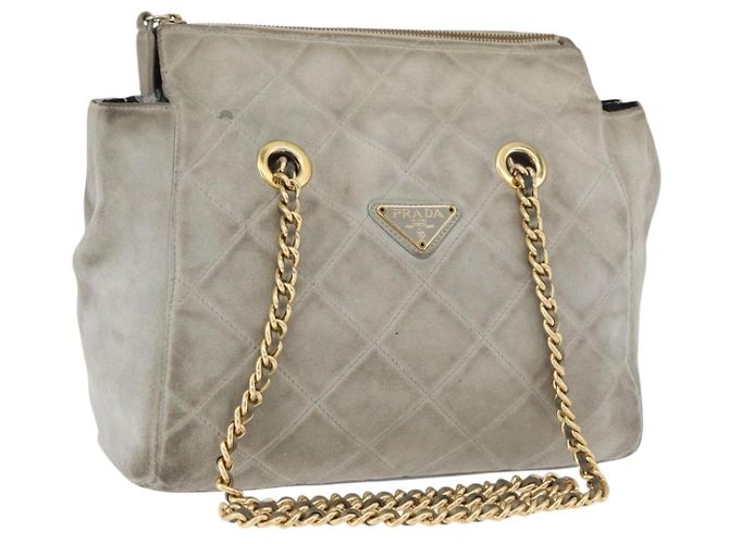 Bolsa de Ombro com Corrente PRADA em Camurça Cinza e Ouro Auth bs35411 Marrom Dourado