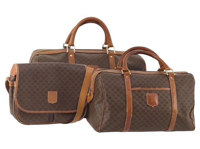 Céline Bolsa Boston CELINE em lona Macadam e couro PVC 3 Set Marrom Auth mr2452