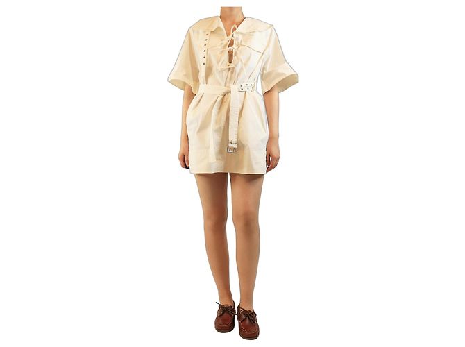Ganni Mini vestido de algodão marfim com cinto - tamanho UK 8 Branco