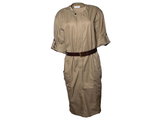 Saint Laurent, Vestido sahara de algodão com cinto 2024 Marrom