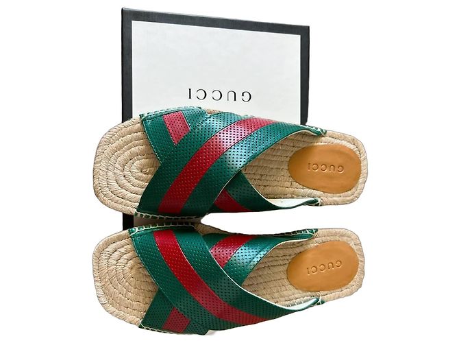 Gucci Ciabatte Espadrilles in Pelle Verde e Rossa Rosso