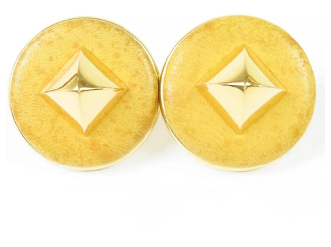 Hermès Clip-On Ohrringe aus Leder und Goldton-Metall Diamant-Motiv Golden 