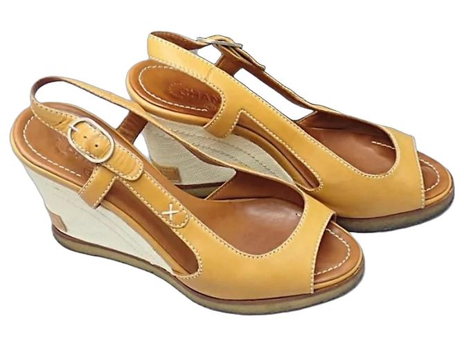 Chanel Tan Leather Open Toe Wedge Sandals Brown