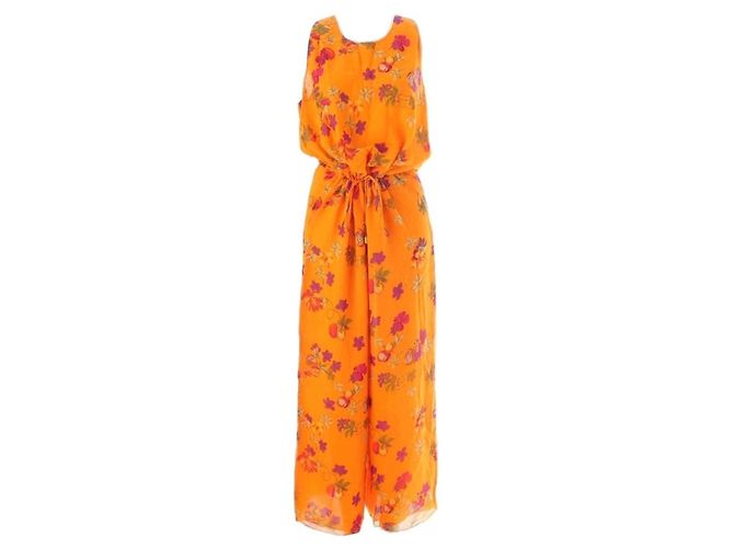 Céline Celine Mono de seda estampado floral naranja Rosa Verde