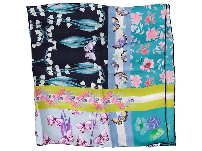 Lenço de seda Furla estampa de borboletas e flores Rosa Branco Azul Verde Roxo Azul claro