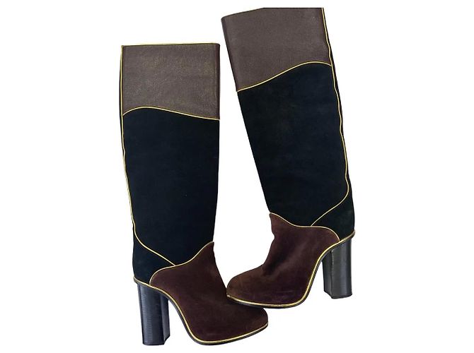 Lanvin Patchwork Suede and Leather High Boots Black Dark red