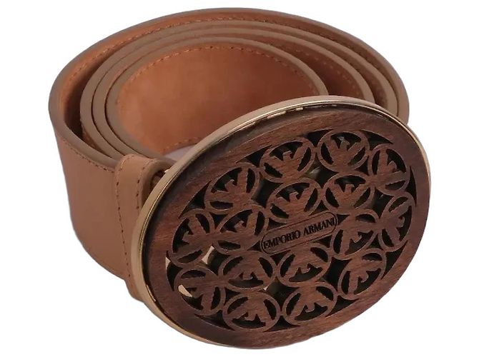Ceinture Emporio Armani en cuir et boucle en bois Marron Beige