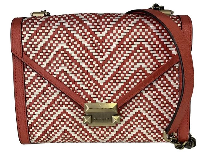 Michael Kors Whitney Bolsa de ombro em couro e palha - Vermelho e Branco Multicor