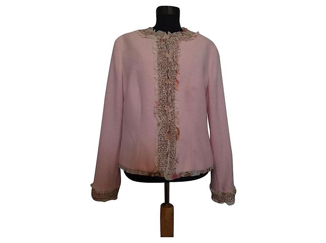 Escada Pink Tweed Jacket with Floral Trim