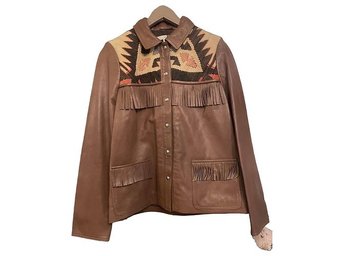 Armand Ventilo braune Lederjacke mit Fransen und geometrischem Muster Mehrfarben