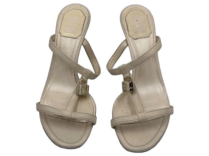 Christian Dior Padlock T-Strap Mule Sandals in Ivory Leather