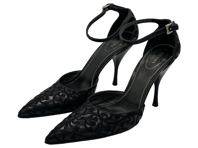 Prada Black Floral Jacquard Ankle Strap Pointed Toe Pumps