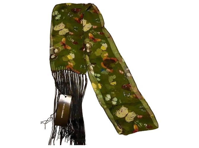 Sciarpa in seta Dolce & Gabbana con stampa farfalla e frange Multicolore Verde 