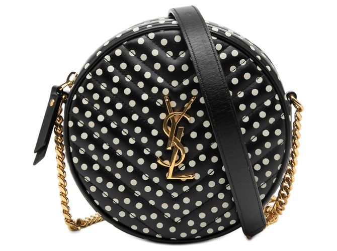 Borsa Camera Round in pelle di vitello nera con chevron e pois Saint Laurent