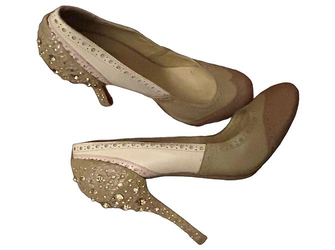 Miu Miu Escarpins em Couro e Strass - Bege e Marrom Rosa