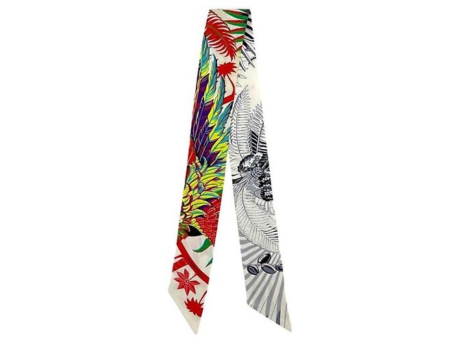 Sciarpa Twilly Hermès in seta bianca multicolore Phoenix Bianco 