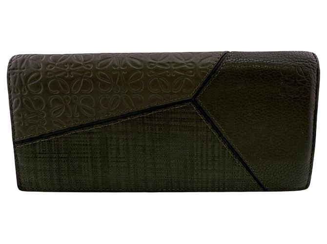 Loewe Puzzle Long Horizontal Bi-fold Wallet Black Green Khaki
