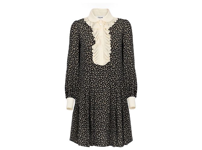 Céline Seidenkleid mit Blumenmuster und Rüschenkragen Schwarz Weiß