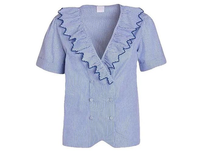 Autre Marque Loreta Caponi Camicetta a Righe con Volant - Blu e Bianco