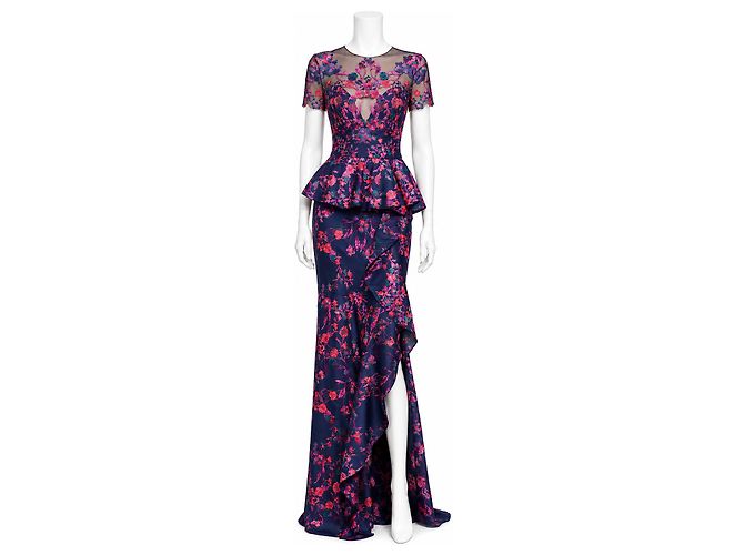 Autre Marque Marchesa Notte Florales Besticktes Peplum-Abendkleid Pink Bordeaux Lila