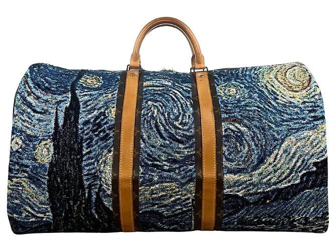 Louis Vuitton Keepall 60 The Starry Night Van Gogh Custom Bag Marrom Azul Multicor