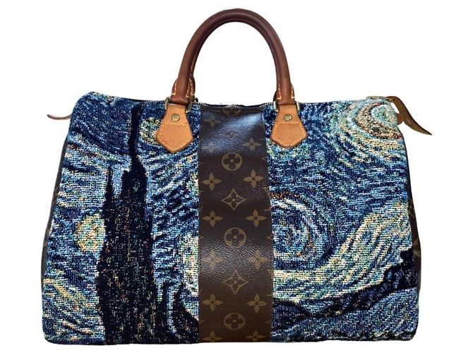Louis Vuitton Speedy 35 The Starry Night Custom Van Gogh Bolsa Marrom Branco Azul Amarelo