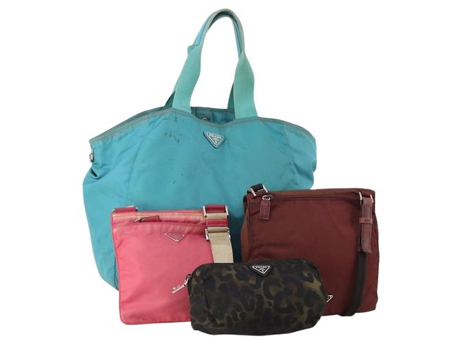 Bolsa de Ombro PRADA Nylon 4 Set Vermelho Rosa Azul claro Auth 181808