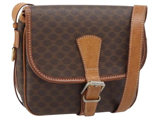 Céline Bolsa de Ombro CELINE Macadam Canvas PVC Couro Marrom Ouro Auth 181854 Dourado