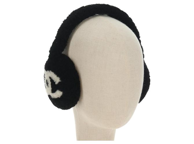 CHANEL COCO Mark Earmuffs Fabric Cap Wool Black White CC Auth yk20385SAV