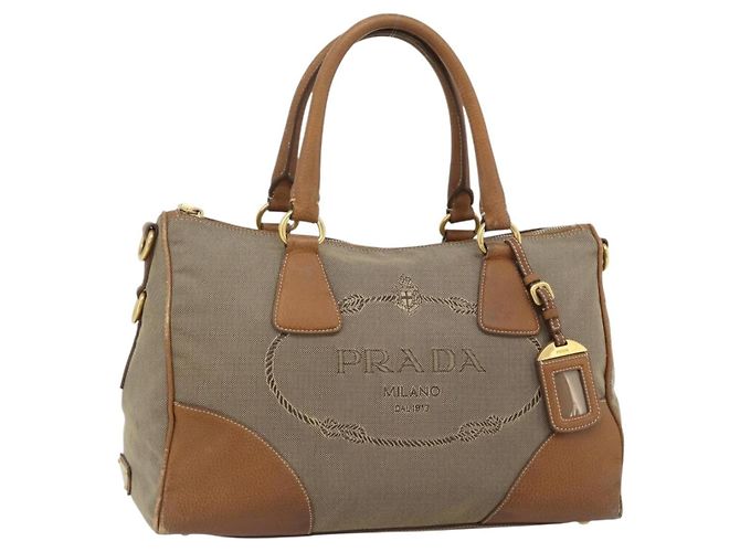 Sac à main PRADA en toile et cuir marron or Auth 182363 Doré