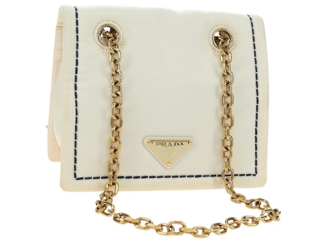 Bolsa de Ombro com Corrente PRADA Nylon Branco Ouro Auth 181426V Dourado