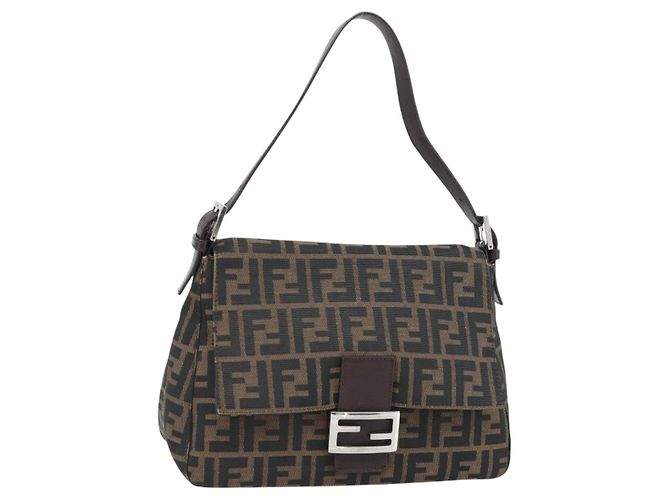 FENDI Zucca Canvas Mamma Baguette Borsa a Spalla Nero Marrone Auth 181898V