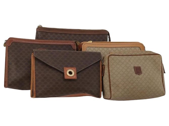 Céline CELINE Macadam Canvas Clutch Bag PVC Leder 5 Set Braun Beige Auth 180889