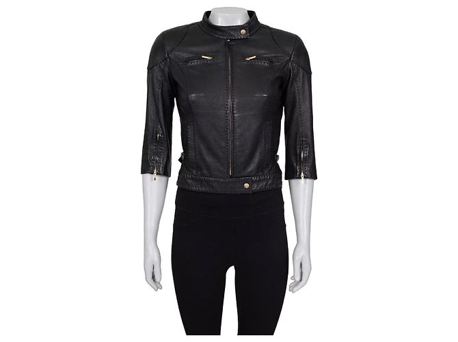 Veste Fendi en cuir noir à manches courtes taille 40 d'occasion