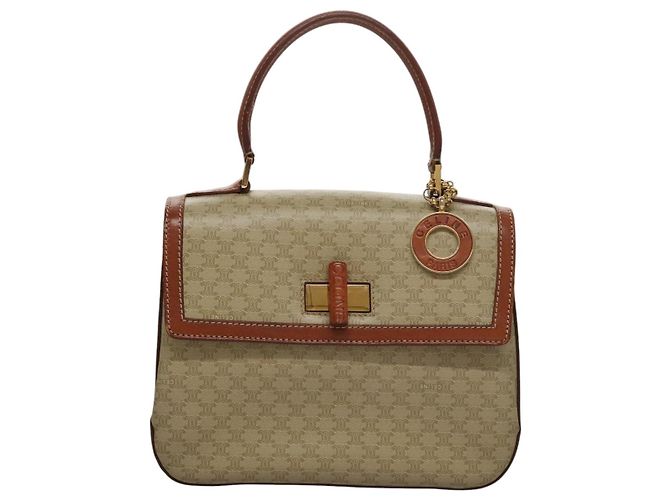 Céline Celine Vintage Convertible Top Handle Macadam Coated Canvas Medium Beige
