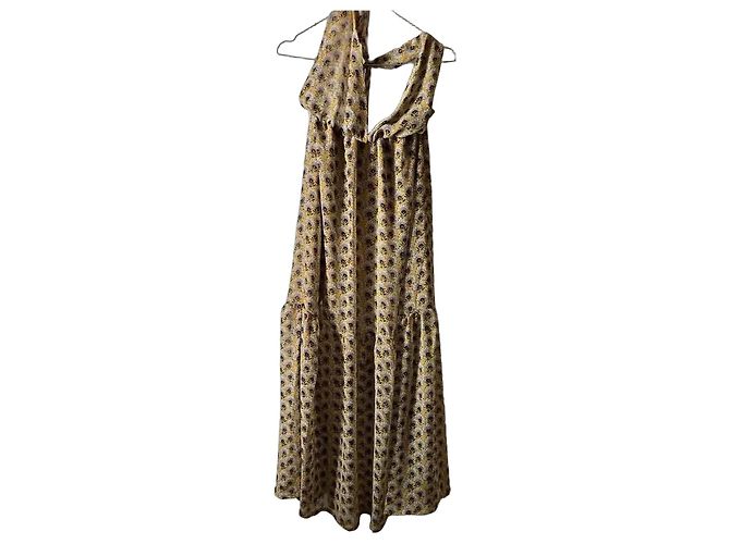 Autre Marque Vestido Maxi Amarillo Estampado Floral Negro Blanco Azul