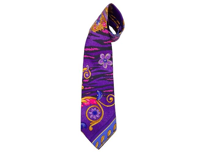 Gianni Versace Purple Patterned Silk Tie Multiple colors Dark purple