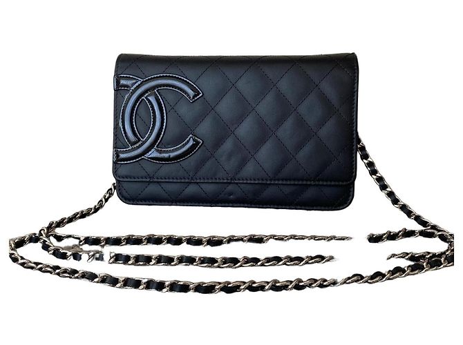 Chanel Cambon Quilted Black Leather Wallet on Chain