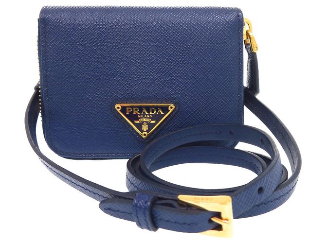 Prada Saffiano Triangle Leather Shoulder Wallet Navy blue