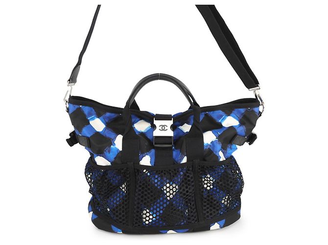 Chanel Airline Nylon Shoulder Bag Black White Blue