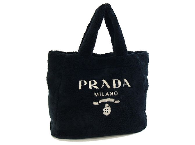 Prada Terry 1BG130 Tote Bag Schwarz Polyester Weiß