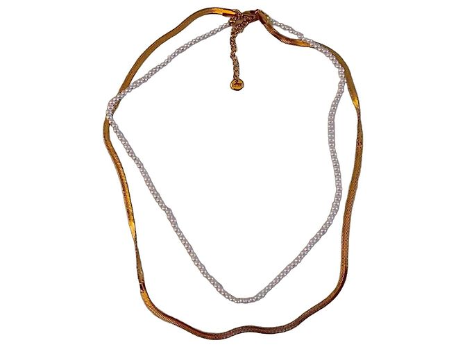 Autre Marque Collier double rangée perles et chaîne serpent dorée Blanc
