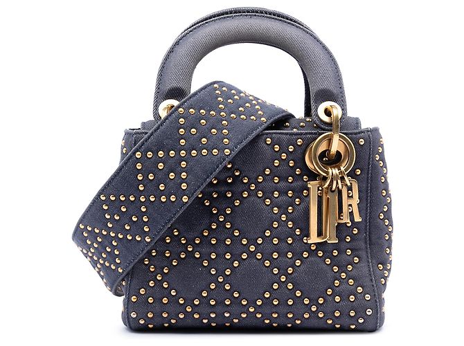 Dior Blue Mini Denim Cannage Studded Supple Lady Dior Bleu Bleu Marine
