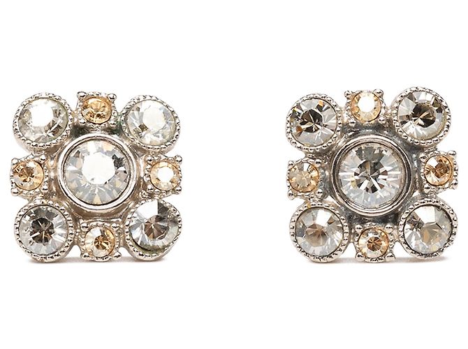 Orecchini Chanel Silver Brass Floral Strass Push Back Argento