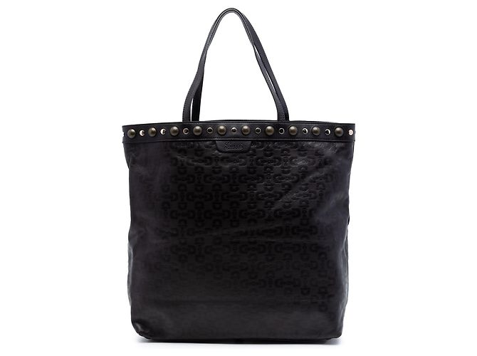 Tote Gucci in pelle nera goffrata con borchie e morsetto Nero