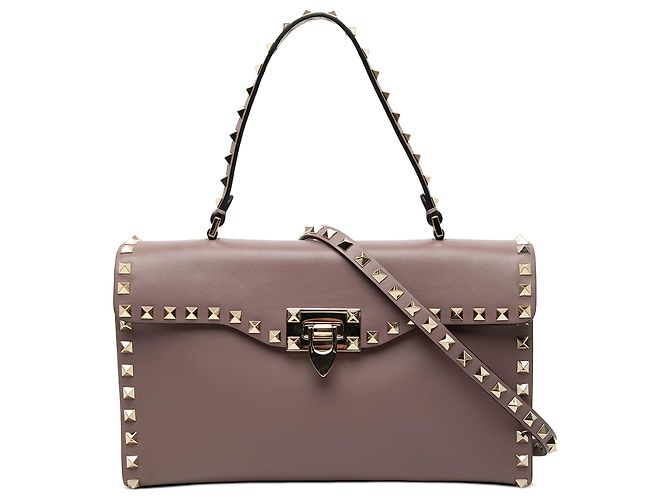 Valentino Bolsa de Aba de Couro Pequena Rosa com Alça Rockstud Dourado