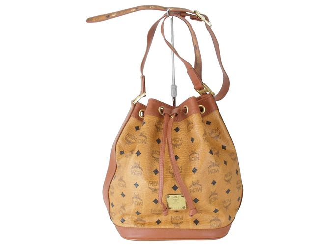 Borsa a tracolla in pelle stile MCM Visetos Marrone
