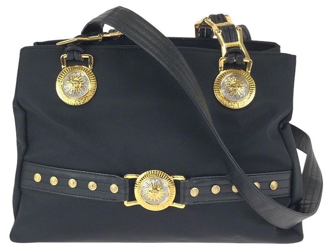 Borsa Tote a Spalla in Nylon e Pelle Versace Nero