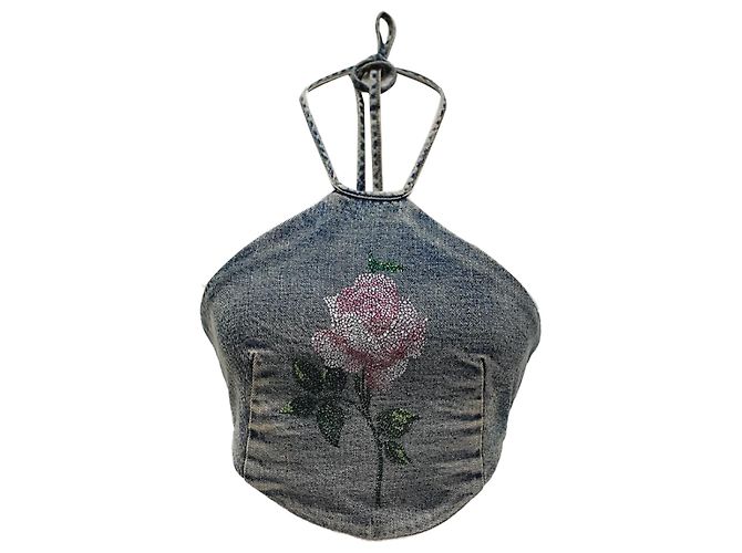 Alessandra Rich Crop top con collo all'americana ricamente decorato con cristalli Alessanra in cotone blu denim