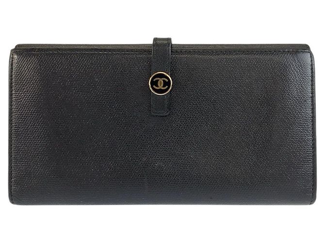 Chanel Leder Coco Button Long Wallet Schwarz